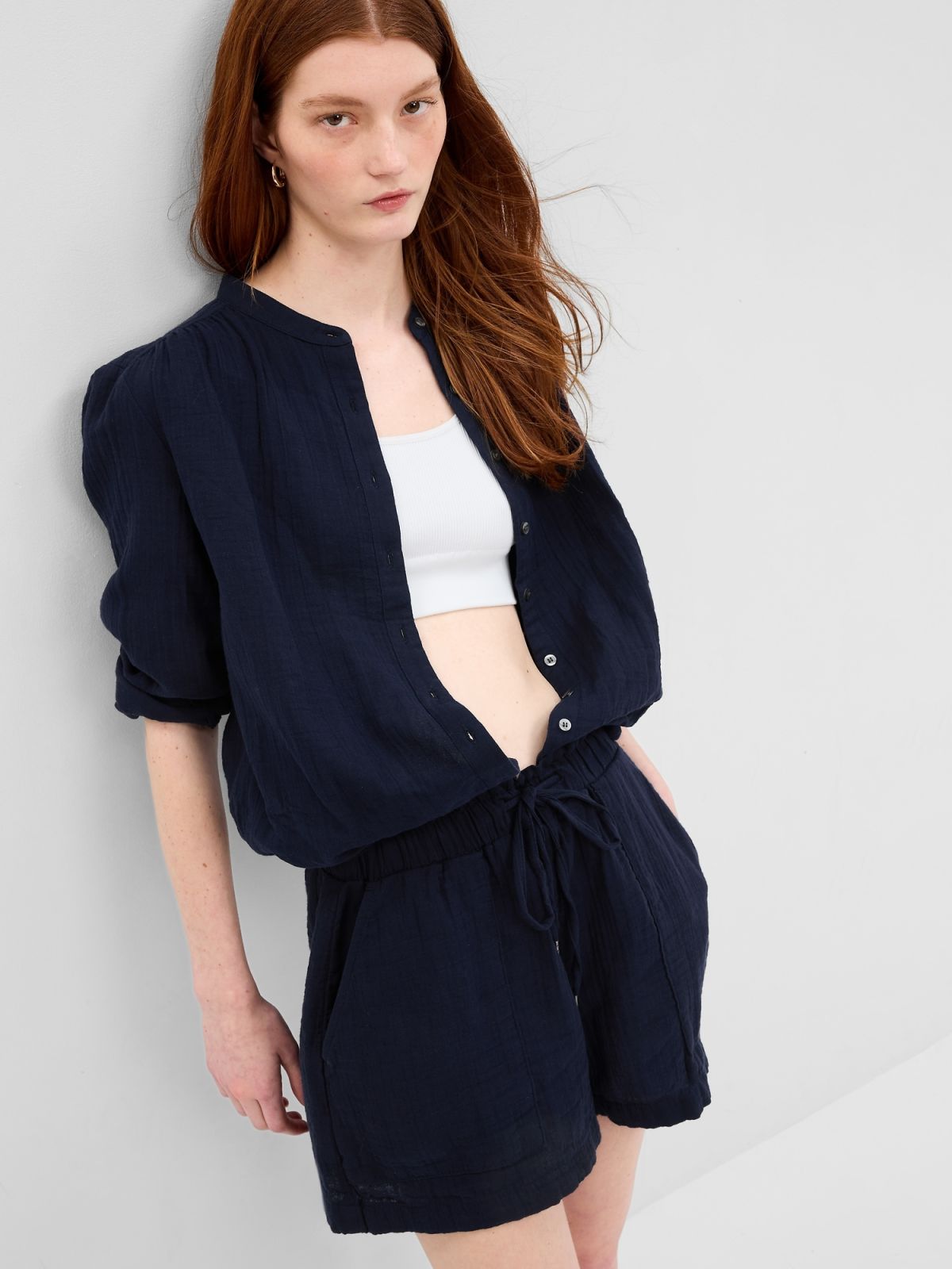 Μπλε Crinkle Gauze Σορτς-616696007