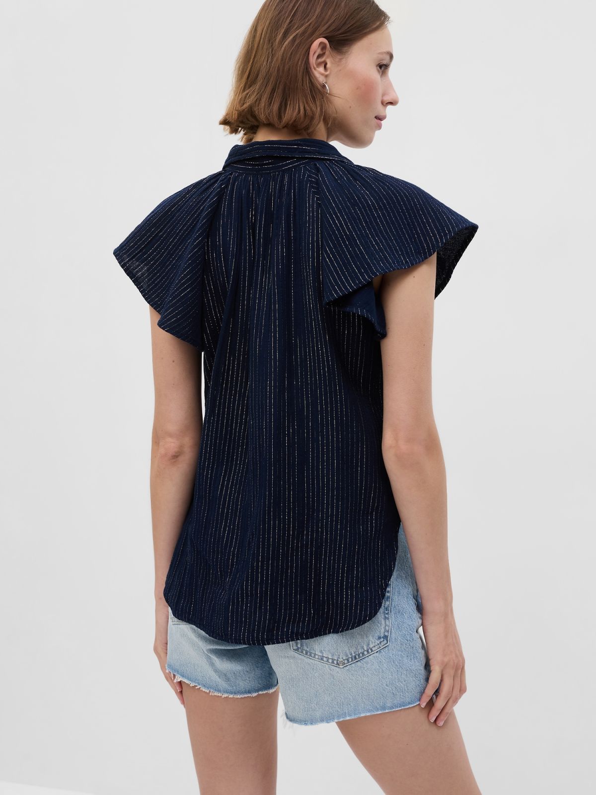 Μπλε Crinkle Gauze Metallic Stripe Dolman Πουκάμισο-665286002