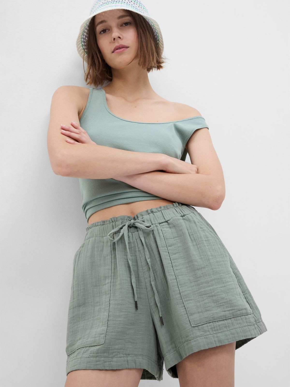 Πράσινο Crinkle Gauze Σορτς-616696008