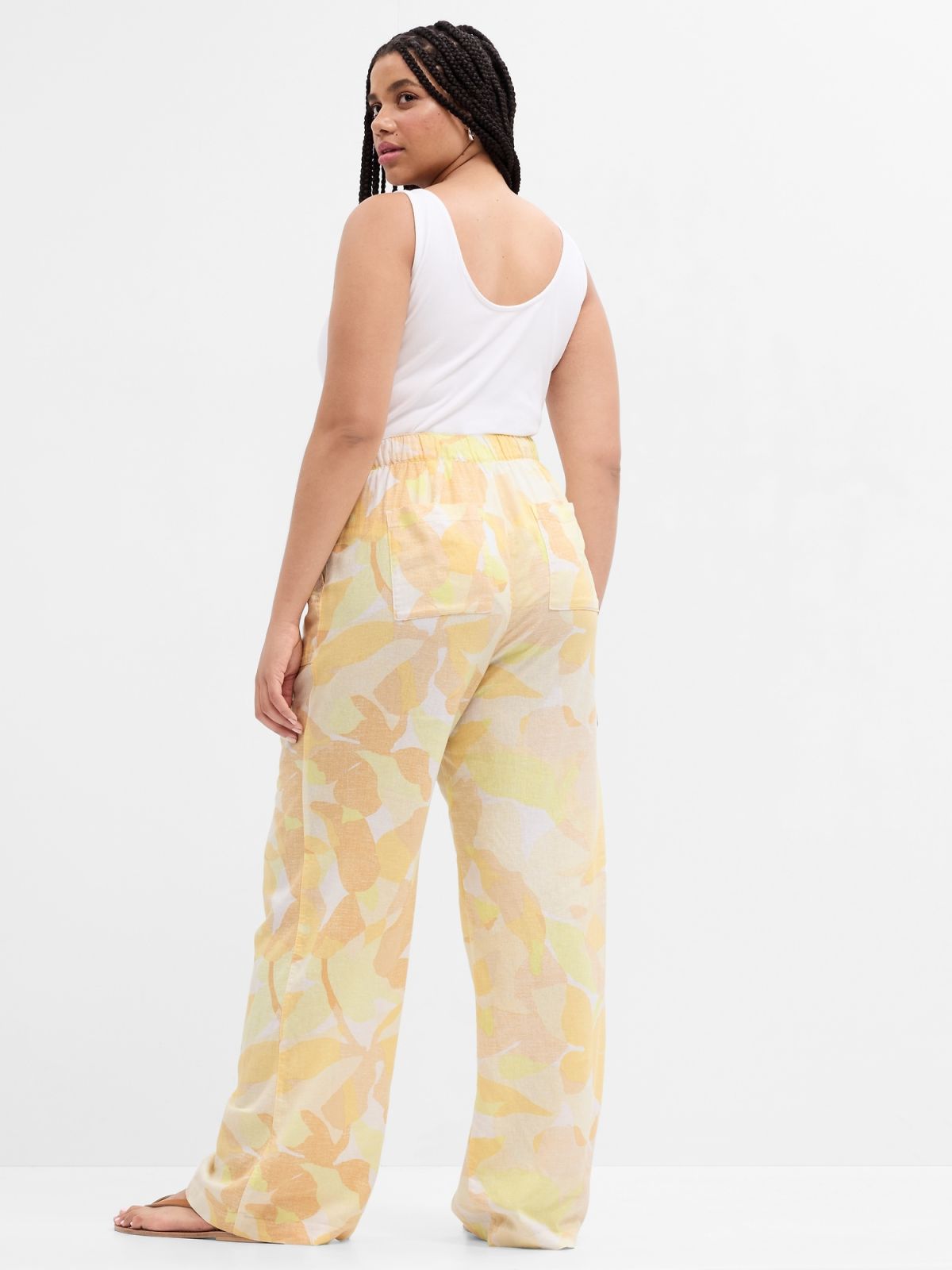 Κίτρινο Wide-Leg Print Λινό Παντελόνι-662886000