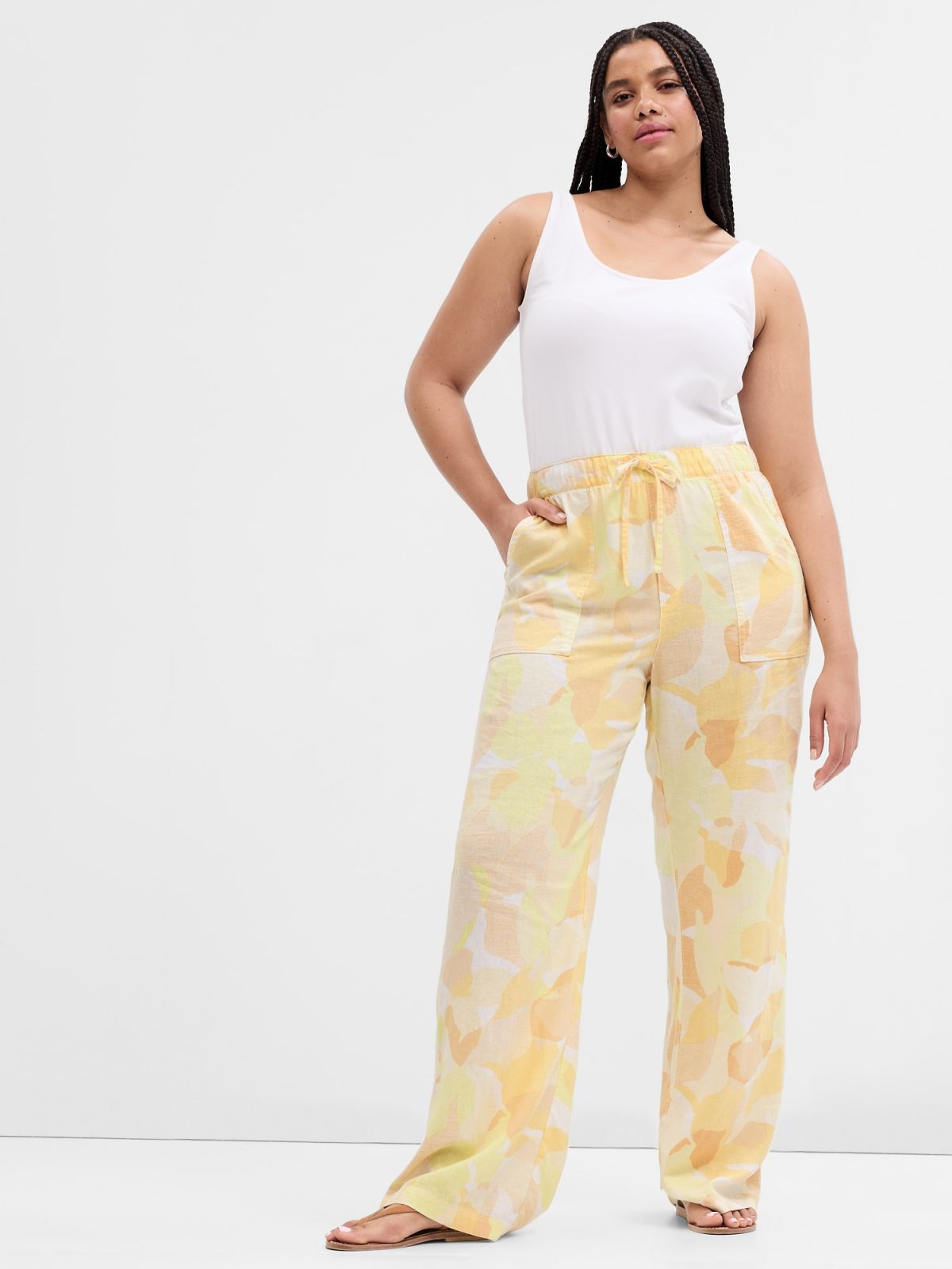 Κίτρινο Wide-Leg Print Λινό Παντελόνι-662886000