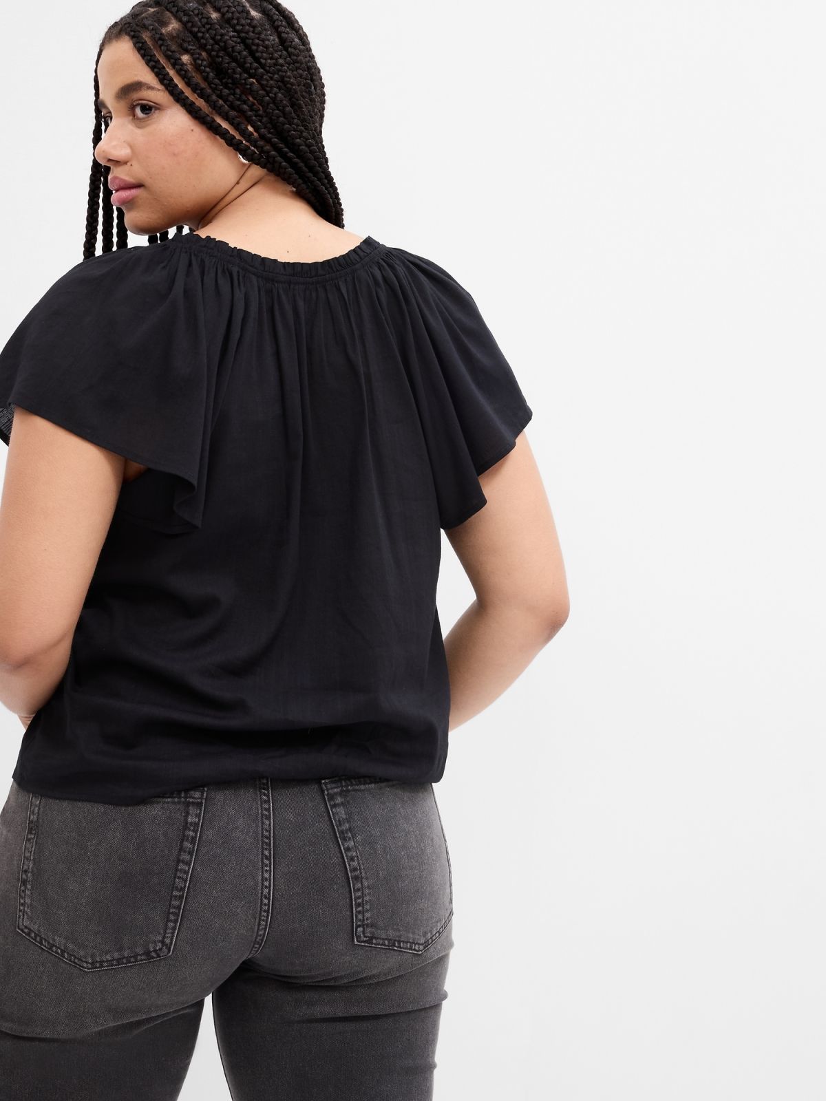 Μαύρο Splitneck Flutter Sleeve Τοπ-663040002