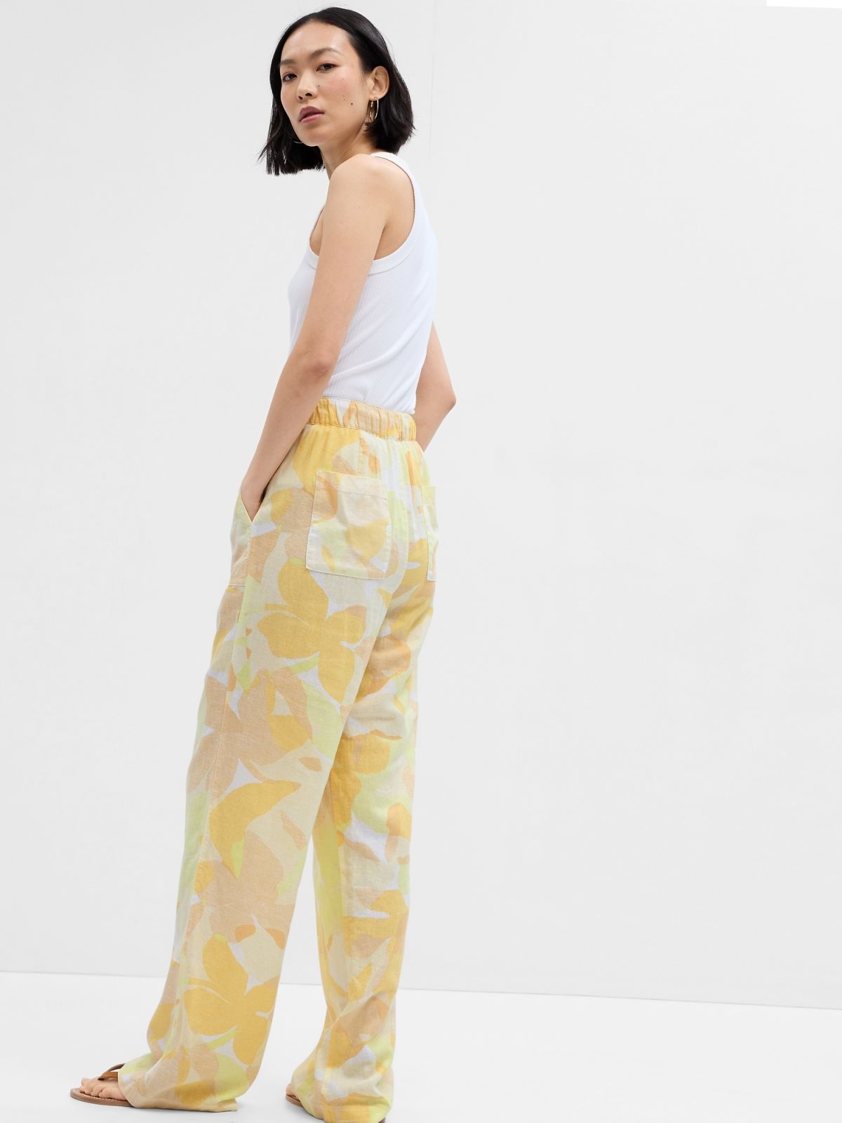 Κίτρινο Wide-Leg Print Λινό Παντελόνι-662886000