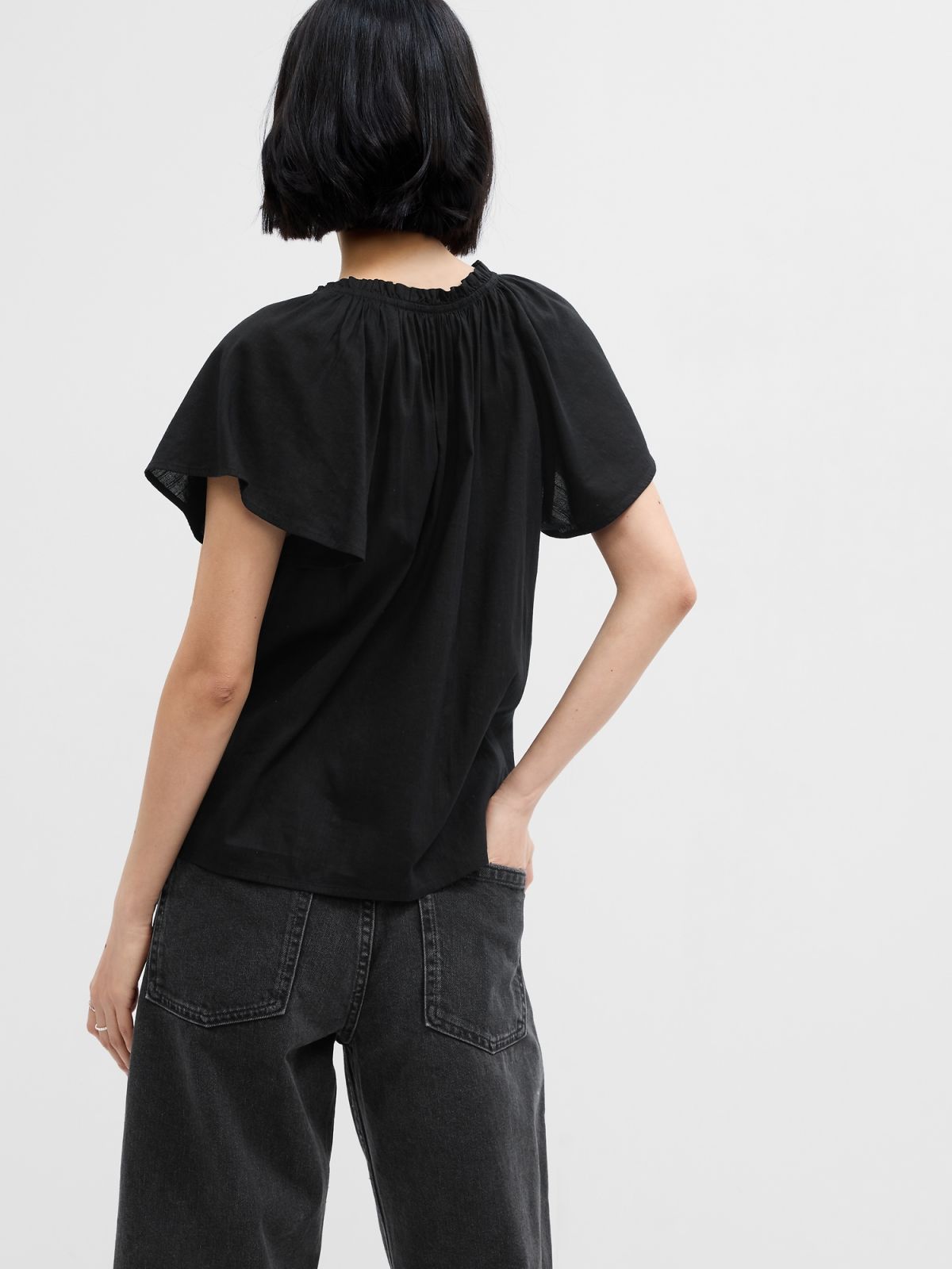 Μαύρο Splitneck Flutter Sleeve Τοπ-663040002