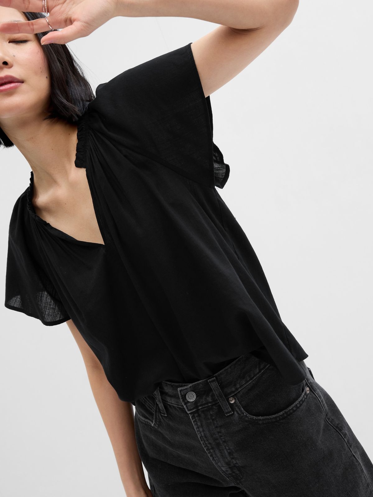Μαύρο Splitneck Flutter Sleeve Τοπ-663040002
