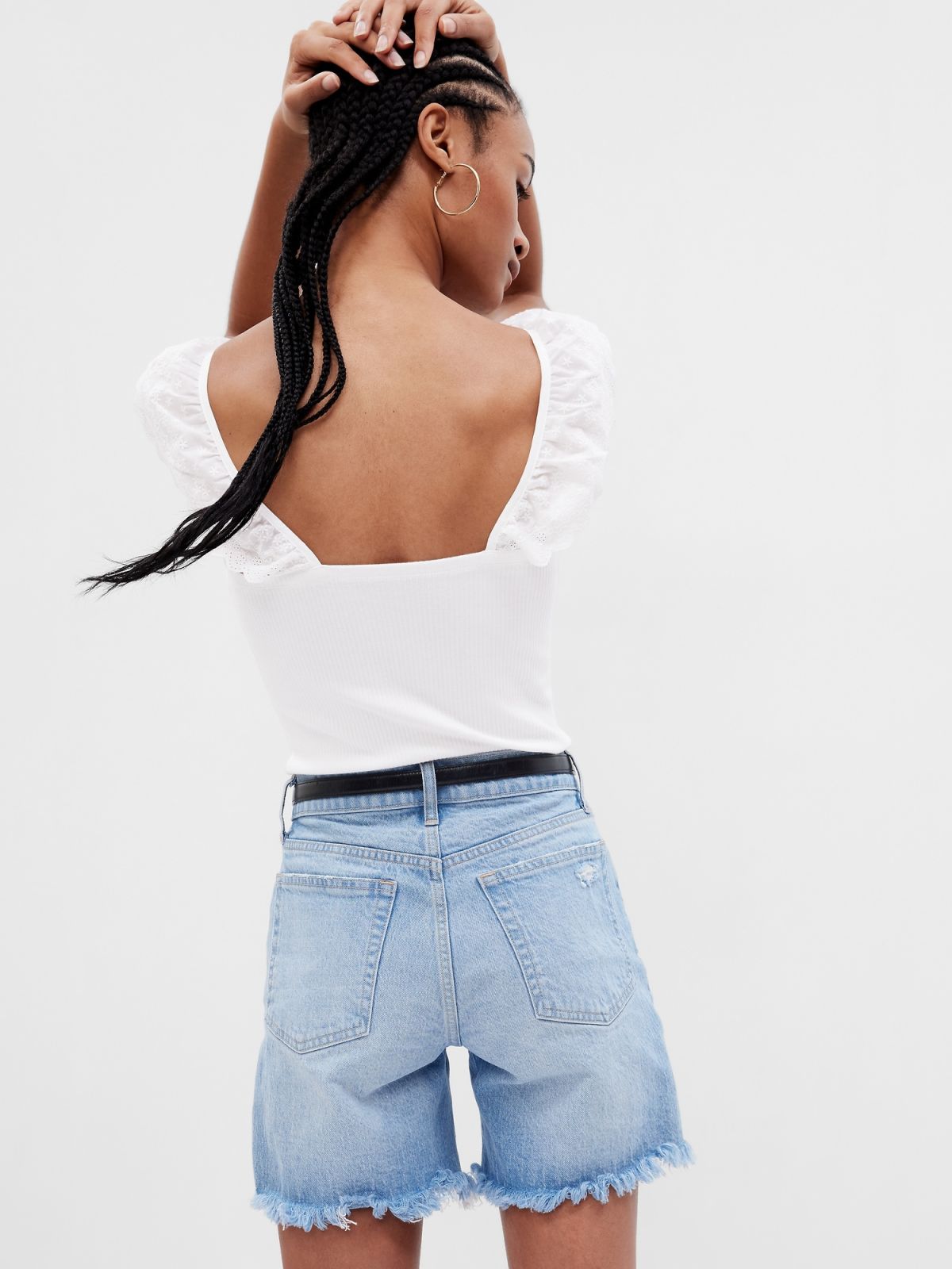 Άσπρη Rib Eyelet Flutter Sleeve Αμάνικη Μπλούζα-627263003