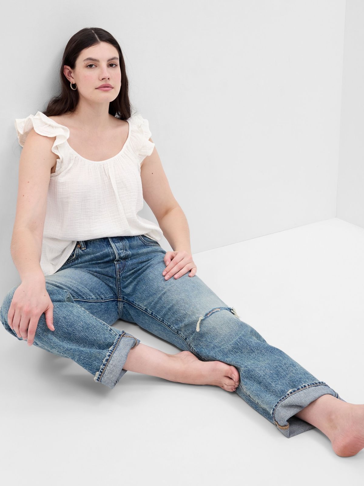 Άσπρη Crinkle Gauze Ruffle Αμάνικη Μπλούζα-665299000