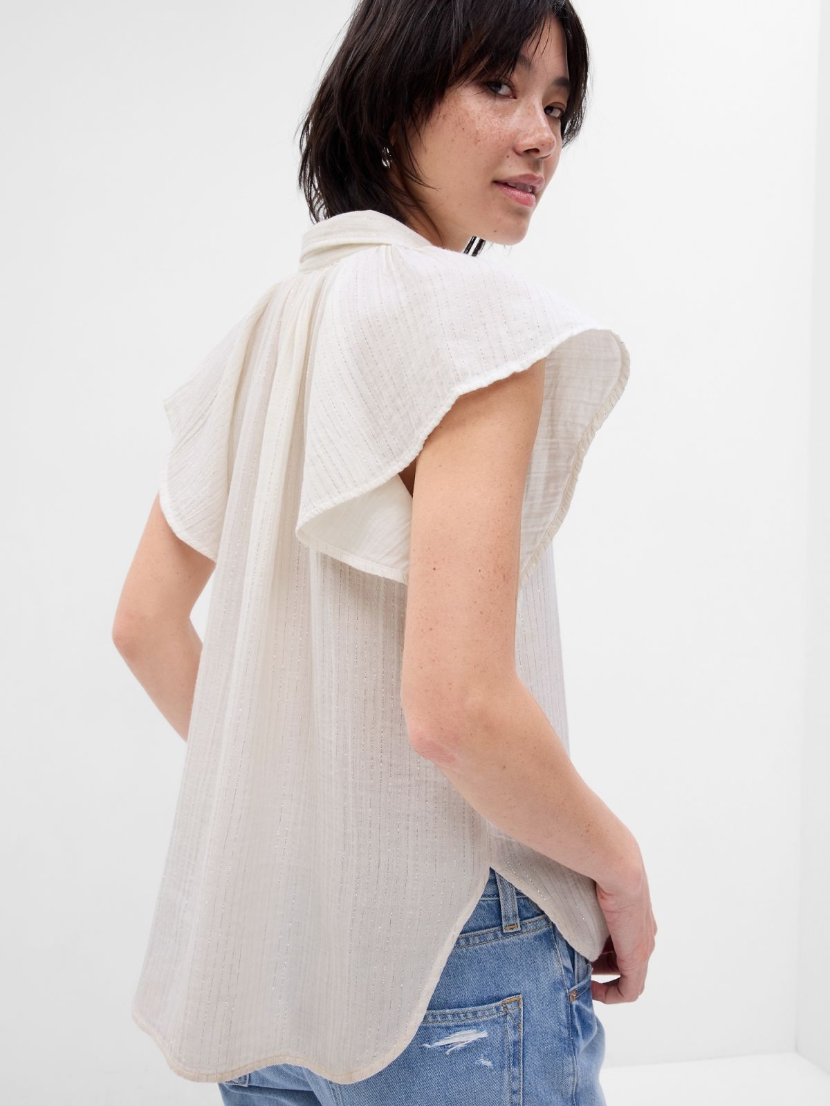 Άσπρο Crinkle Gauze Metallic Stripe Dolman Πουκάμισο-665286003