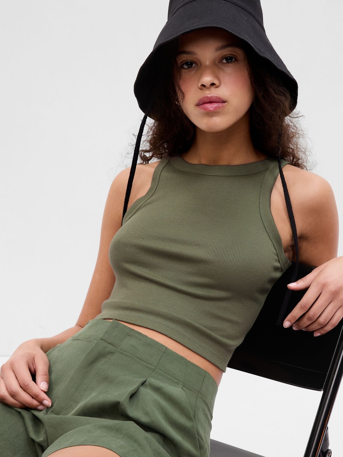 Πράσινο Mini Rib Cropped Halter Αμάνικο Τοπ-627301000