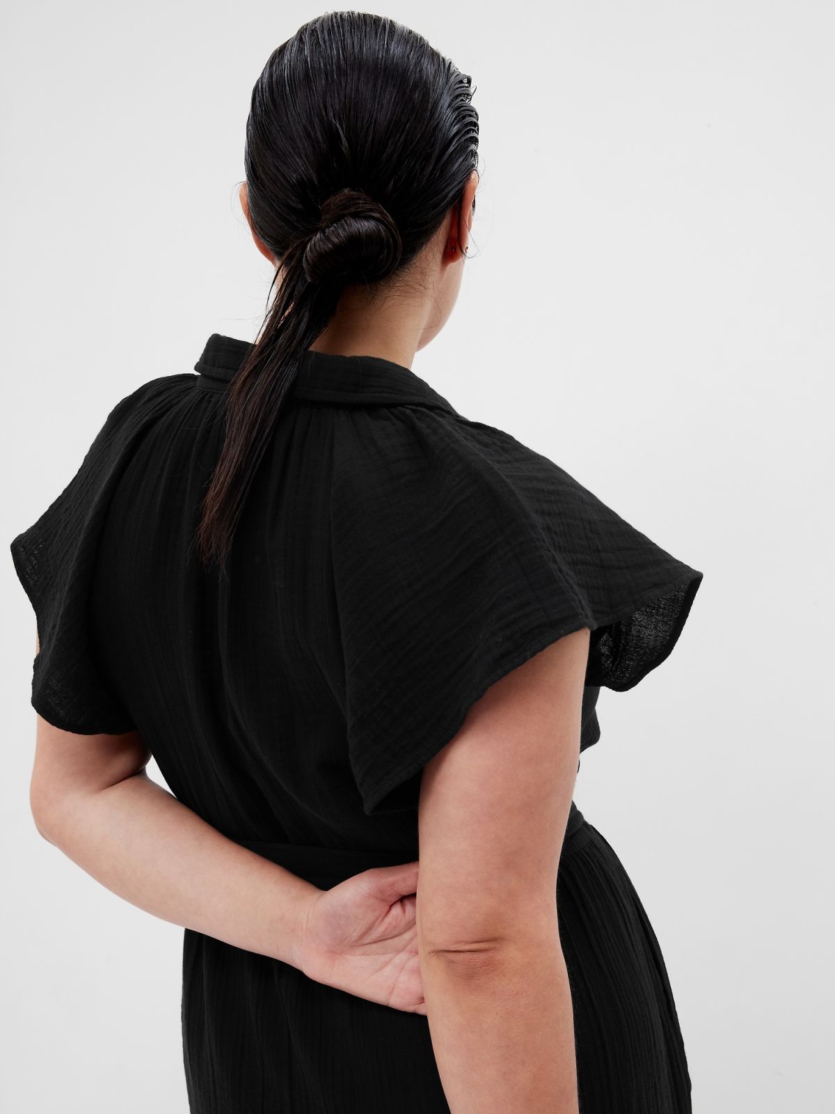 Μαύρο Crinkle Gauze Flutter Sleeve Mini Πουκάμισο Φόρεμα-665886001