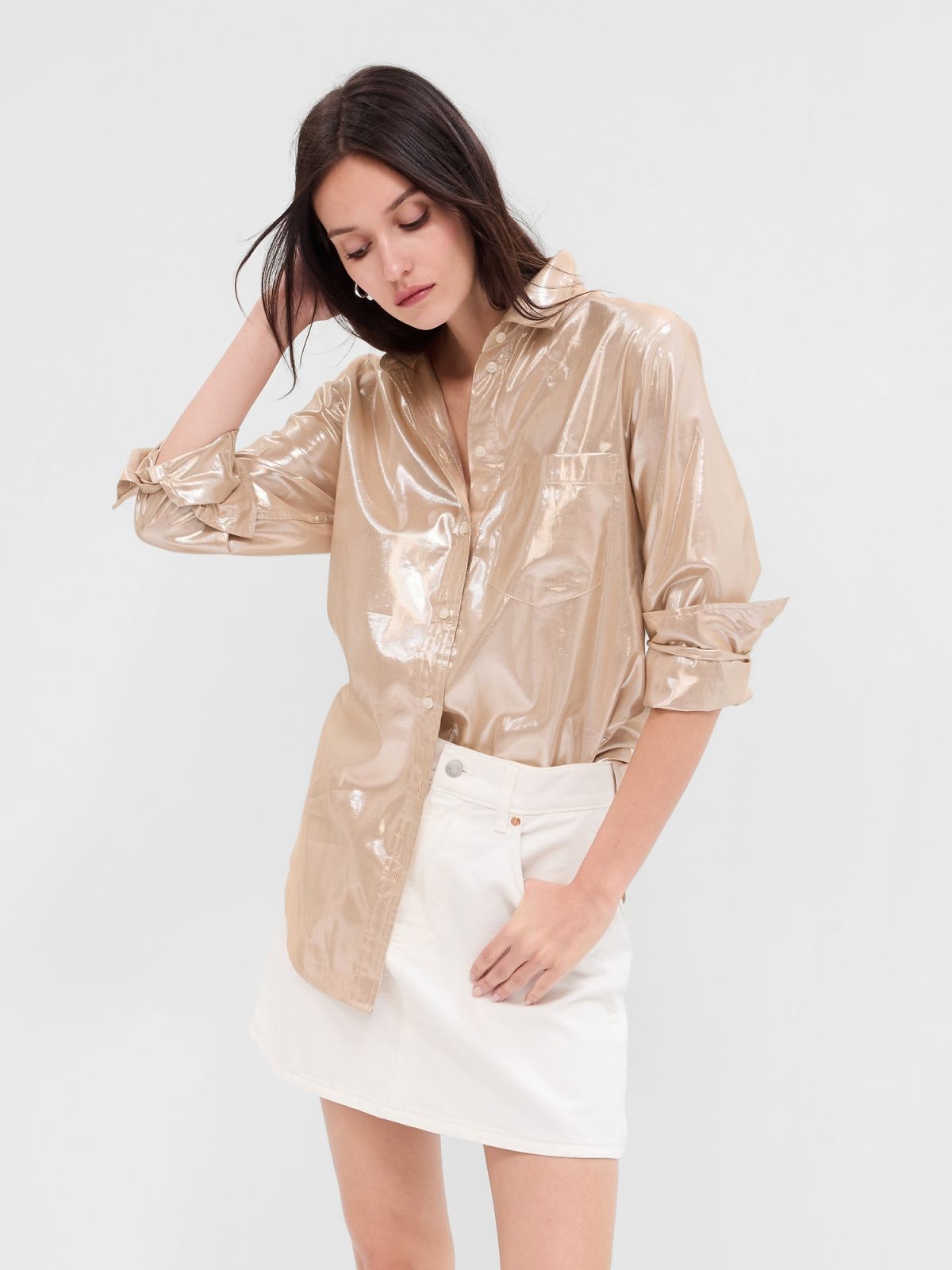Ασημένιο Metallic Boyfriend Πουκάμισο-626359000