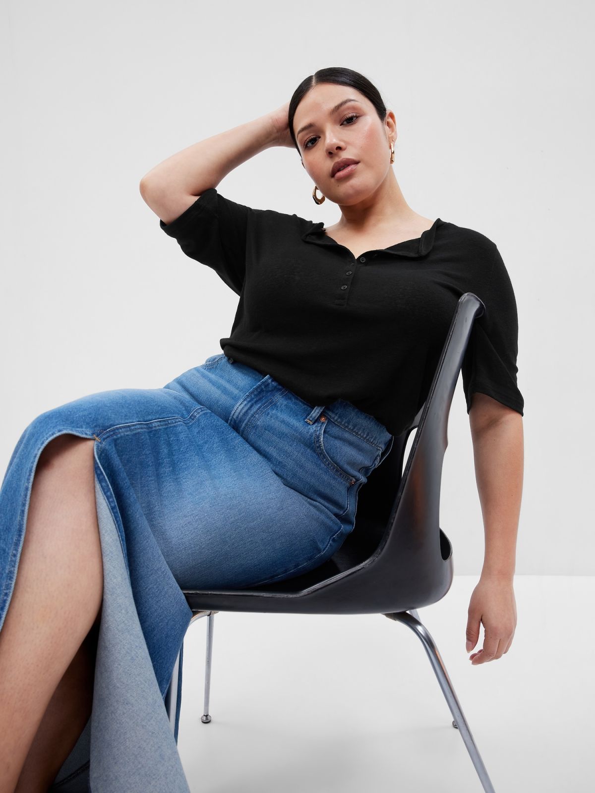 Μαύρη Linen-Blend Henley Μπλούζα-627493000