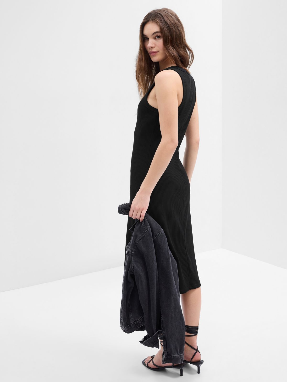 Μαύρο Ribbed Tank Midi Φόρεμα-635651003