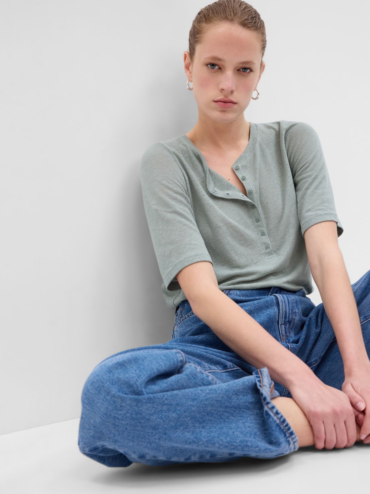 Πράσινη Linen-Blend Henley Μπλούζα-627493005