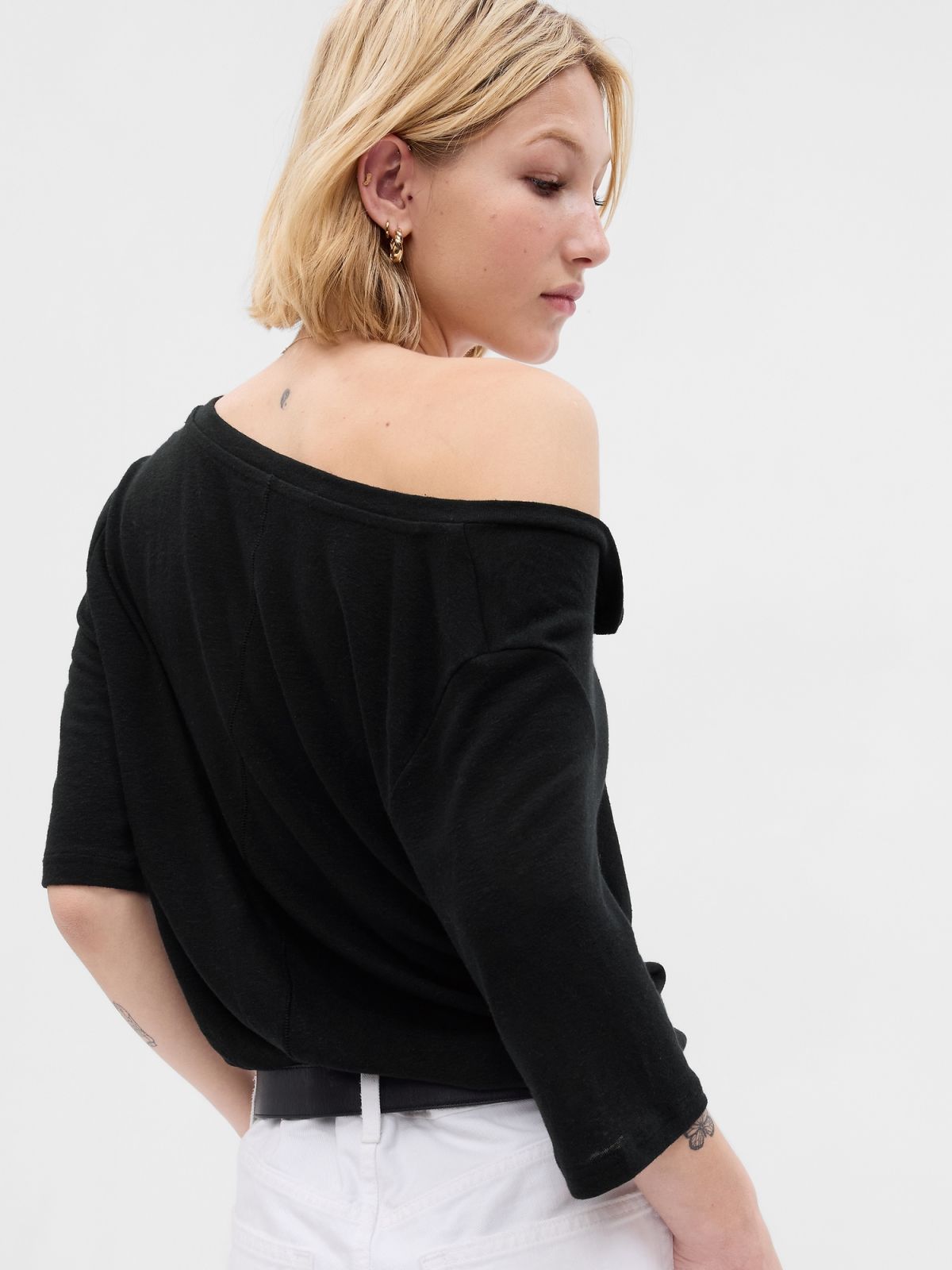 Μαύρη Linen-Blend Henley Μπλούζα-627493000