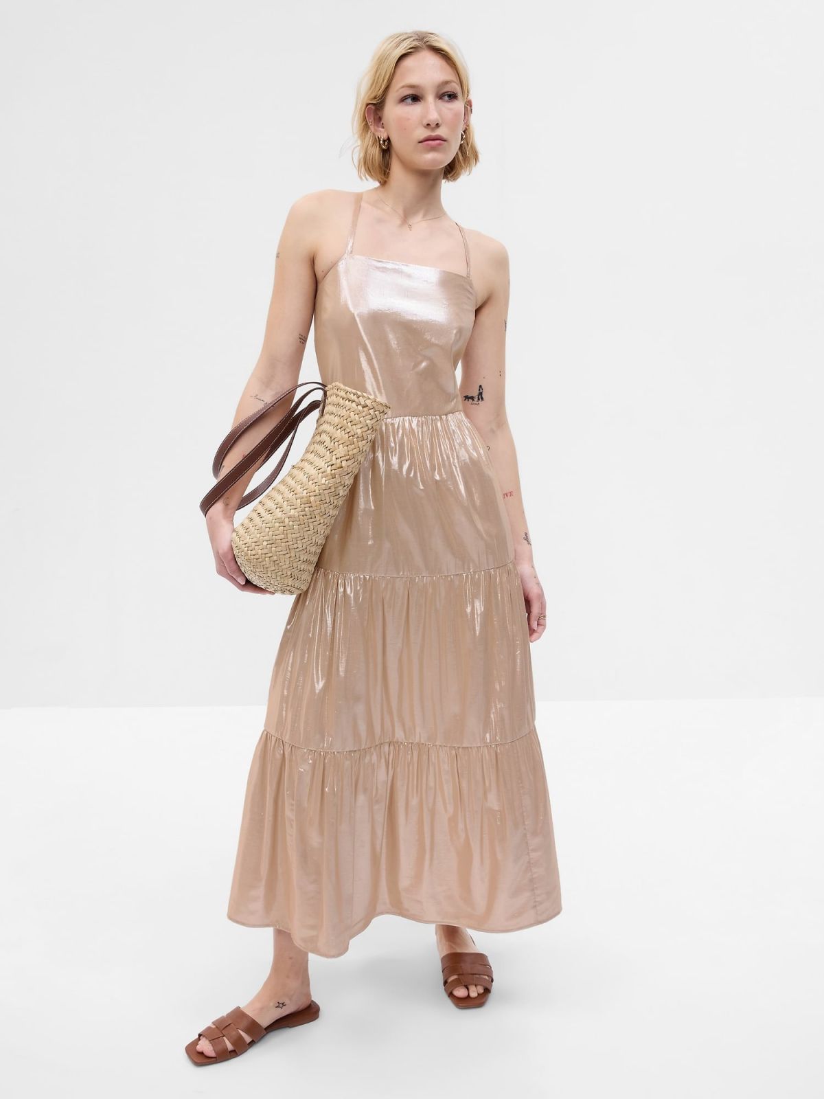Metallic Tie-Back Tiered Maxi Dress-665897000