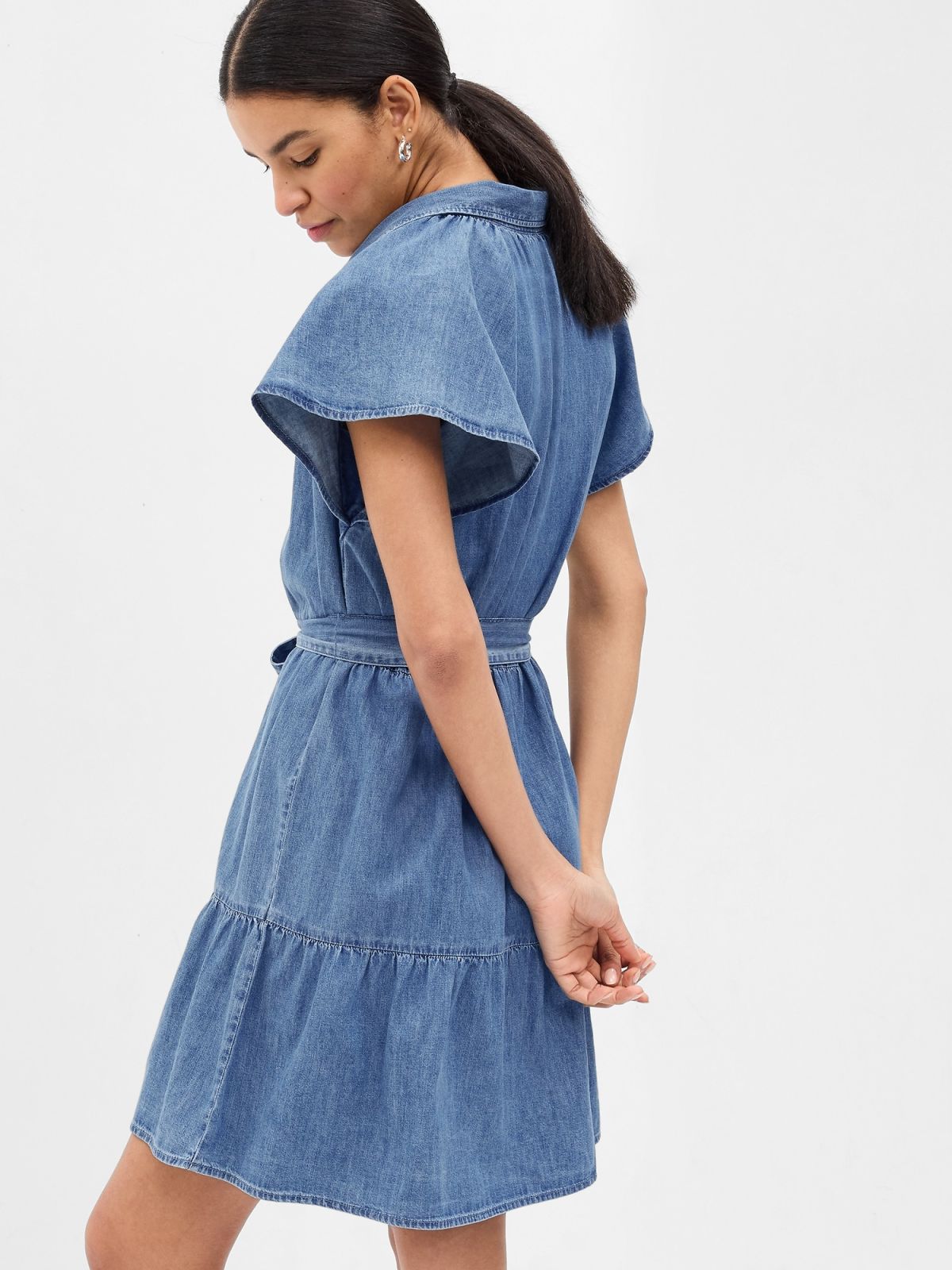Μπλε 100% Οργανικό Βαμβάκι Denim Flutter Sleeve Mini Πουκάμισο Φόρεμα-654887000