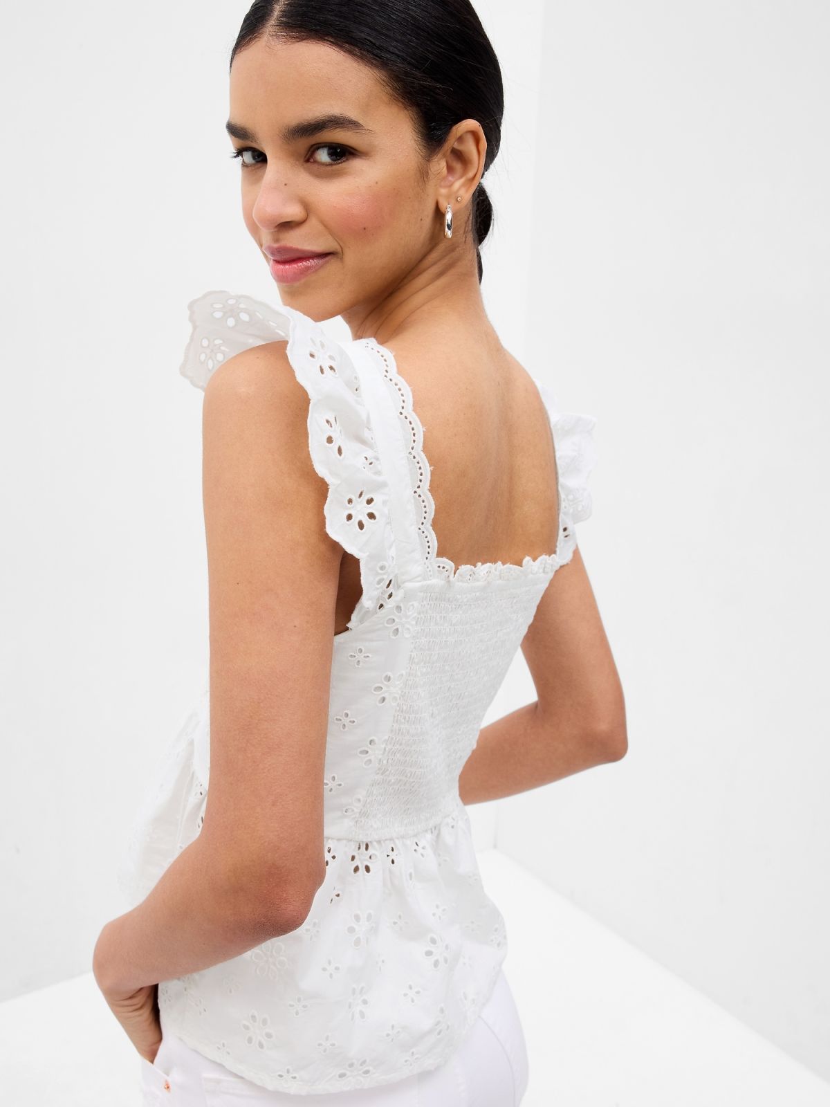 Άσπρο Eyelet Corset Peplum Top-665485000