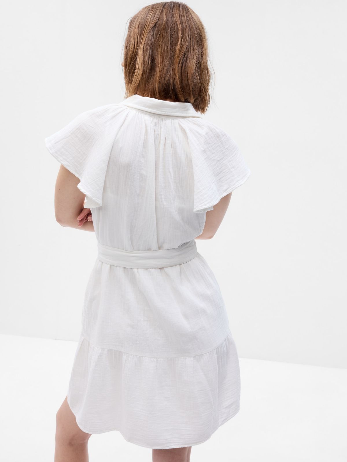 Άσπρο Crinkle Gauze Flutter Sleeve Mini Πουκάμισο Φόρεμα-665886002