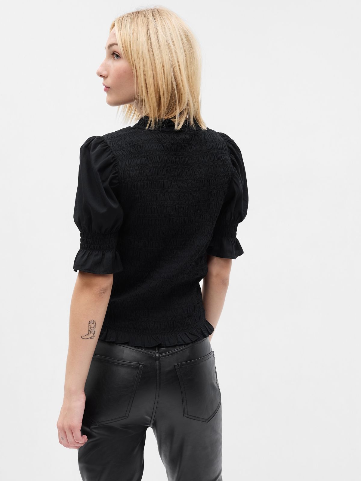 Μαύρο Smocked Puff Sleeve Τοπ-742665002
