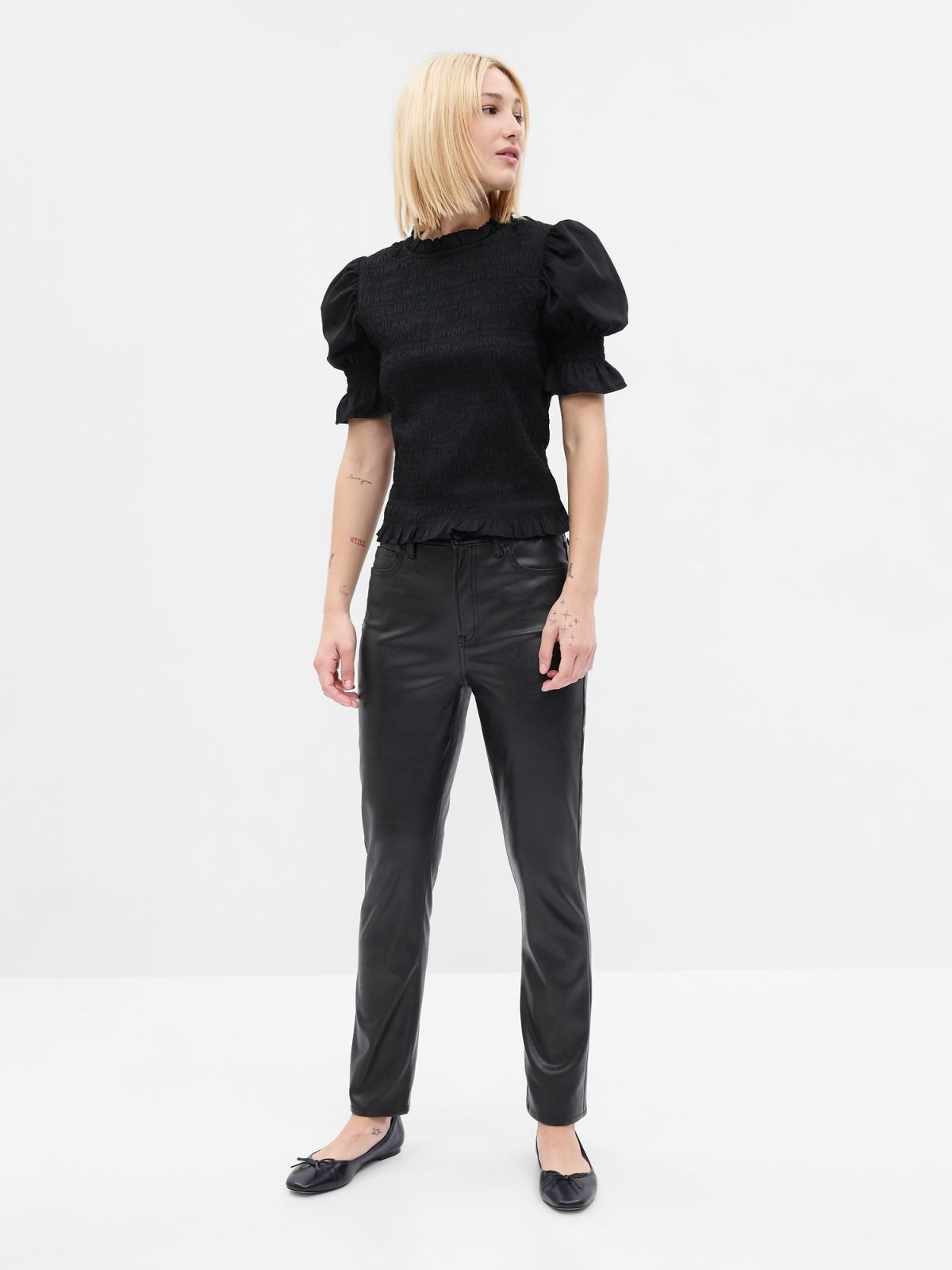 Μαύρο Smocked Puff Sleeve Τοπ-742665002