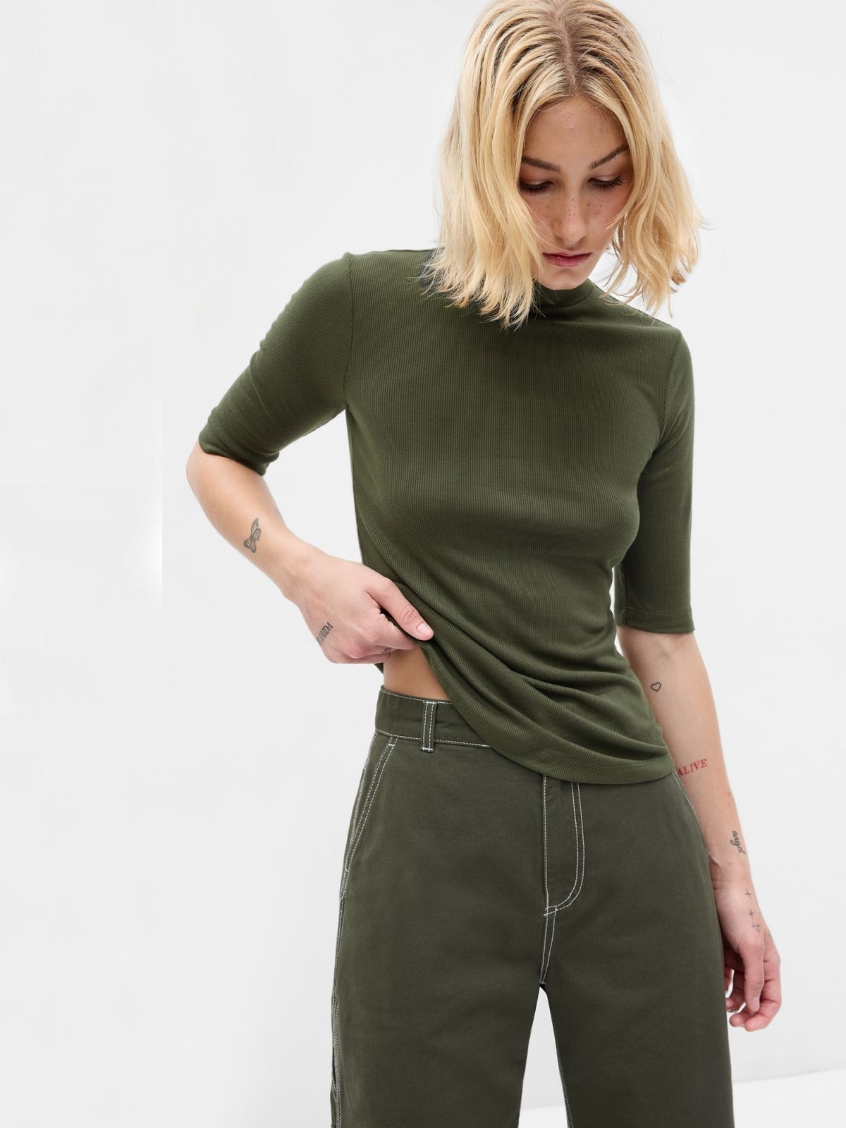 Πράσινη Mini Rib Mockneck Μπλούζα-794339000