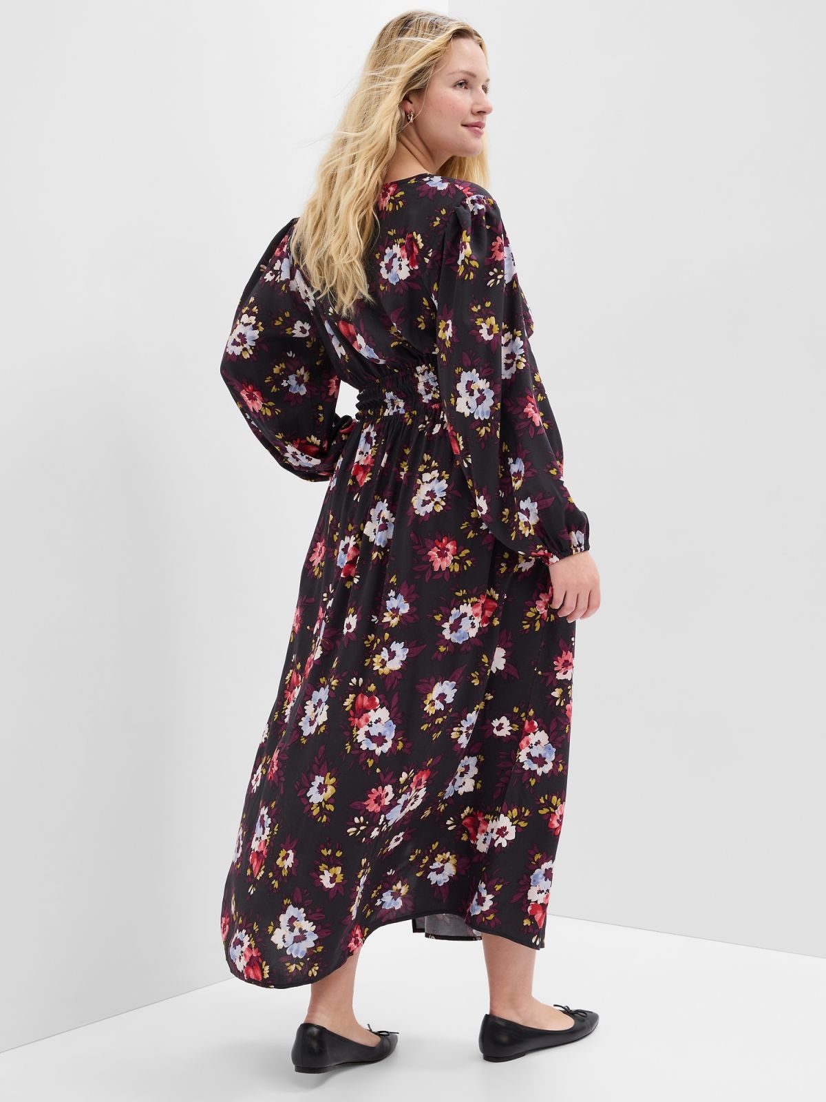 Μαύρο Smocked V-Neck Maxi Φόρεμα-736056001