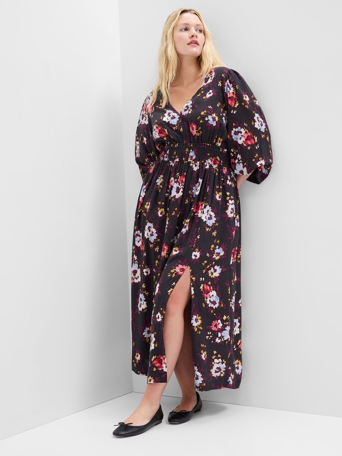 Μαύρο Smocked V-Neck Maxi Φόρεμα-736056001