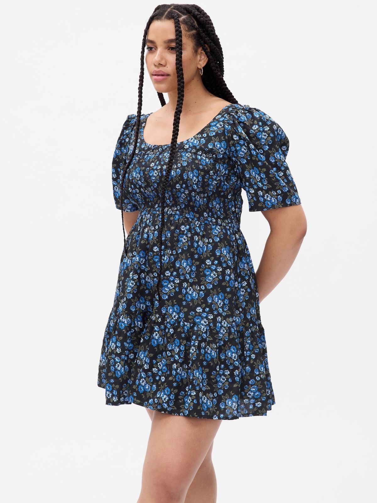 Μπλε Puff Sleeve Smocked Φλοράλ Mini Φόρεμα-792438000