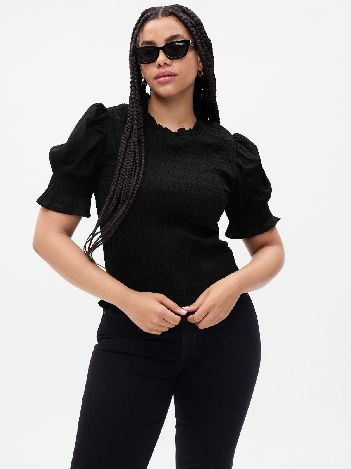 Μαύρο Smocked Puff Sleeve Τοπ-742665002