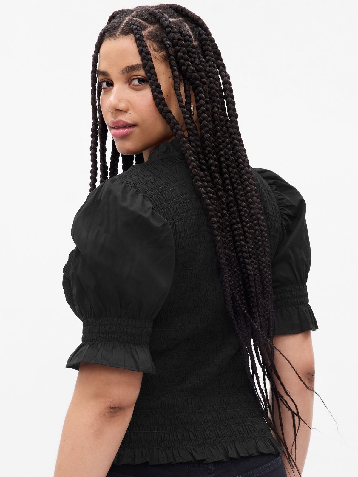 Μαύρο Smocked Puff Sleeve Τοπ-742665002