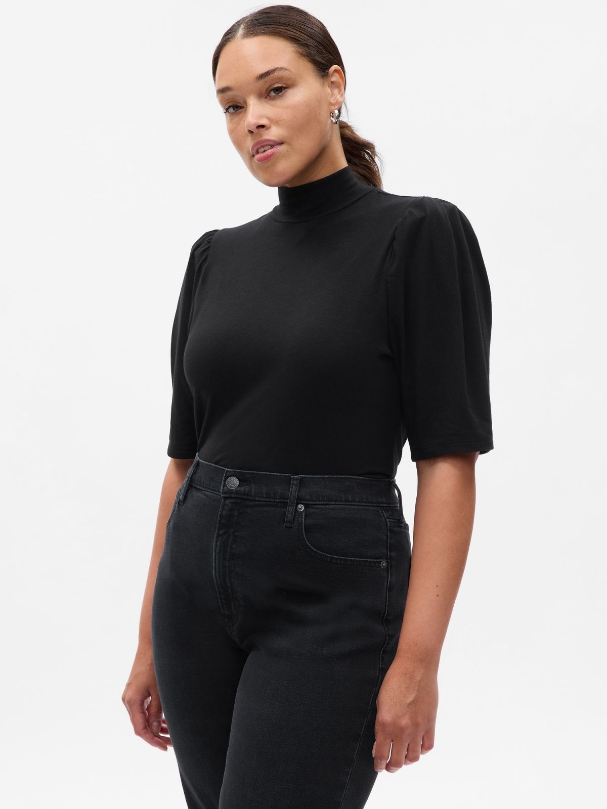 Μαύρη Puff Sleeve Jersey Μπλούζα-747073004