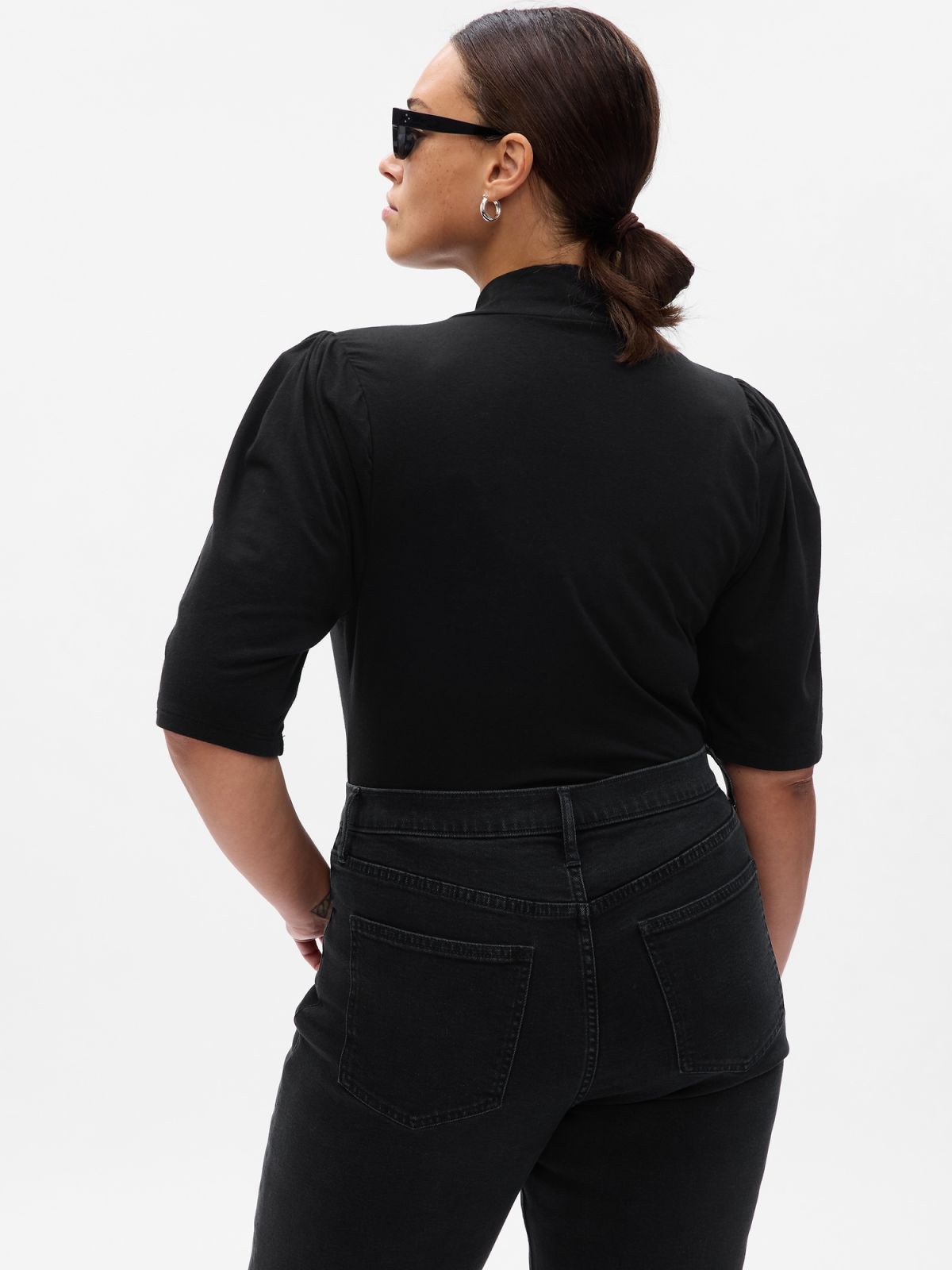 Μαύρη Puff Sleeve Jersey Μπλούζα-747073004