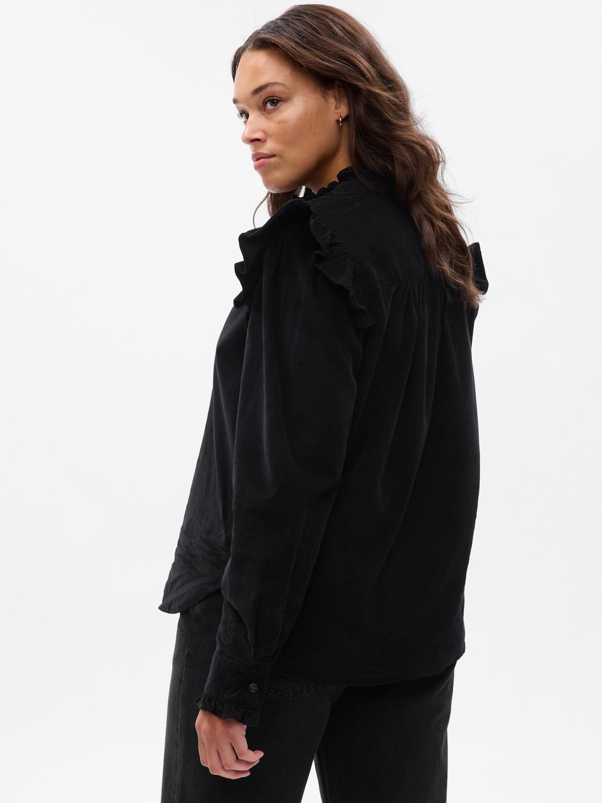 Μαύρο Κοτλέ Ruffle Πουκάμισο-742538002