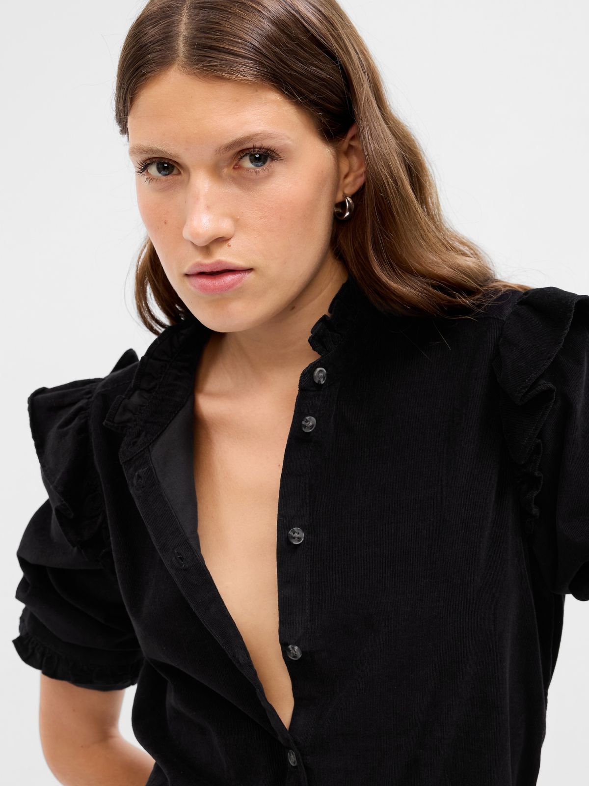 Μαύρο Κοτλέ Ruffle Πουκάμισο-742538002