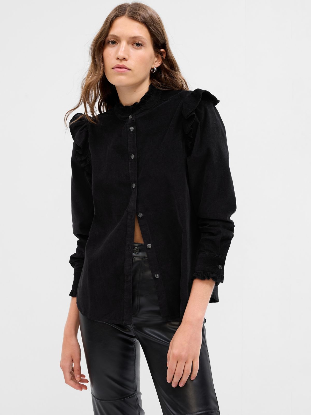 Μαύρο Κοτλέ Ruffle Πουκάμισο-742538002