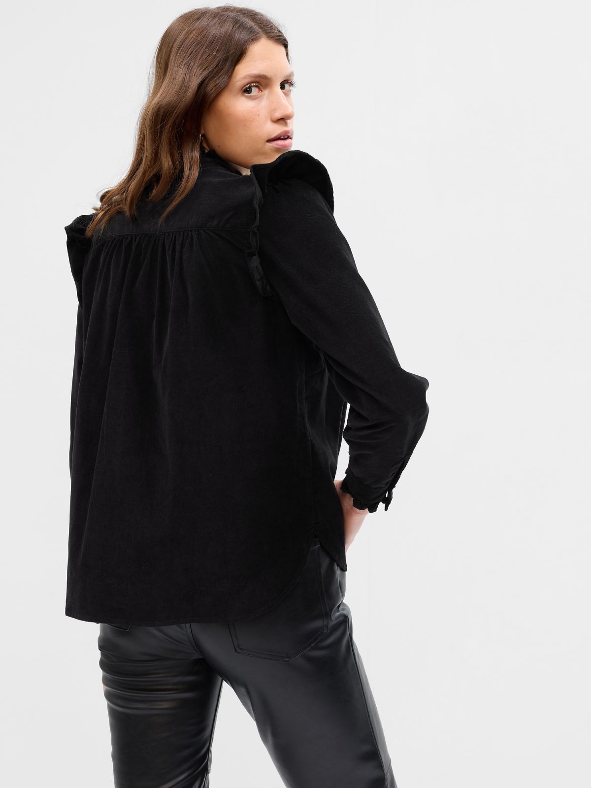Μαύρο Κοτλέ Ruffle Πουκάμισο-742538002