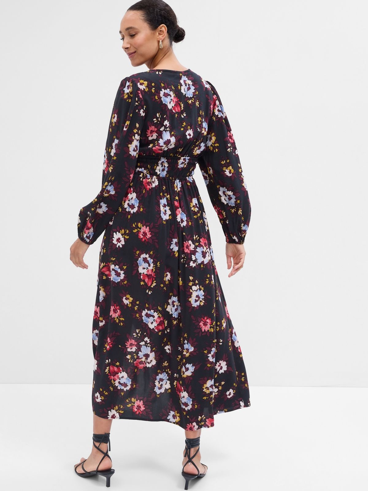 Μαύρο Smocked V-Neck Maxi Φόρεμα-736056001