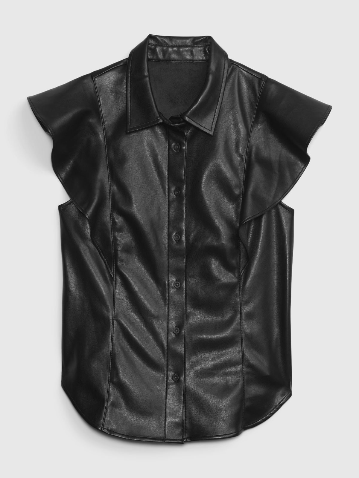 Μαύρο Faux-Leather Flutter Sleeve Πουκάμισο-742561000