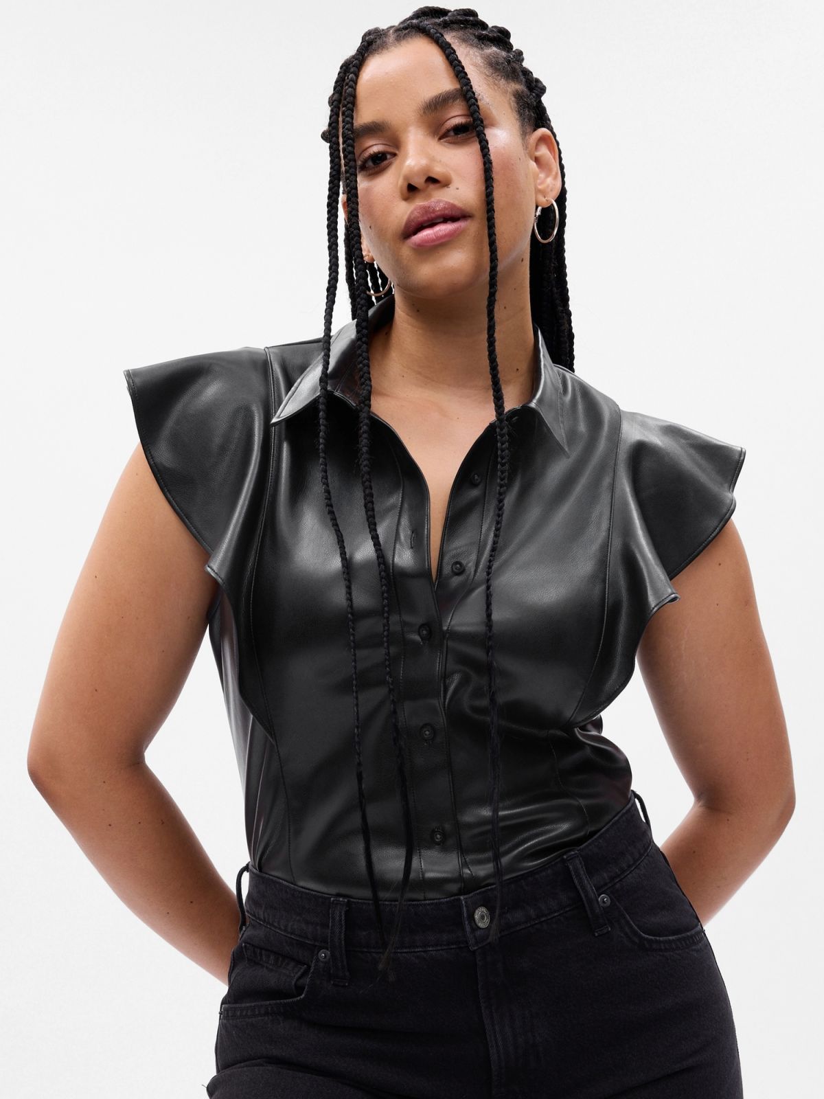 Μαύρο Faux-Leather Flutter Sleeve Πουκάμισο-742561000