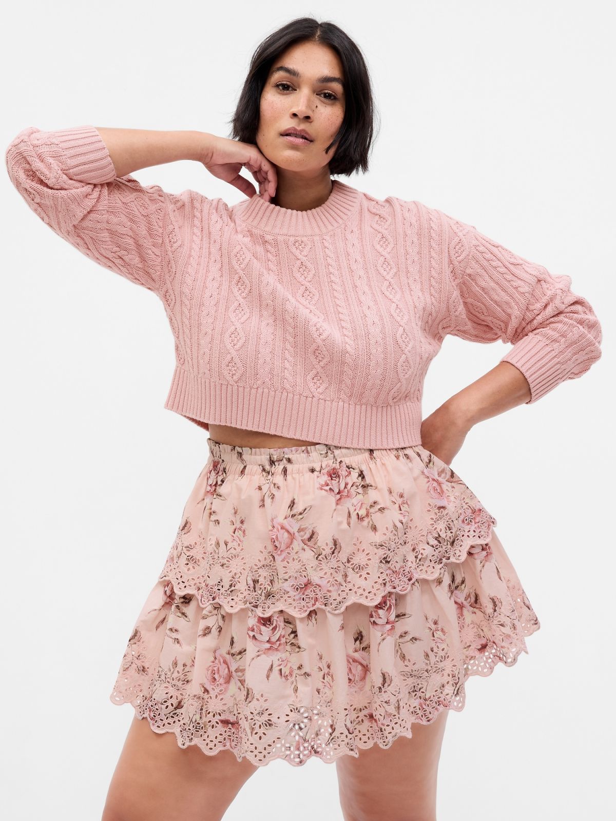 Ροζ Gap × LoveShackFancy Cable-Knit Cropped Πουλόβερ-793356000