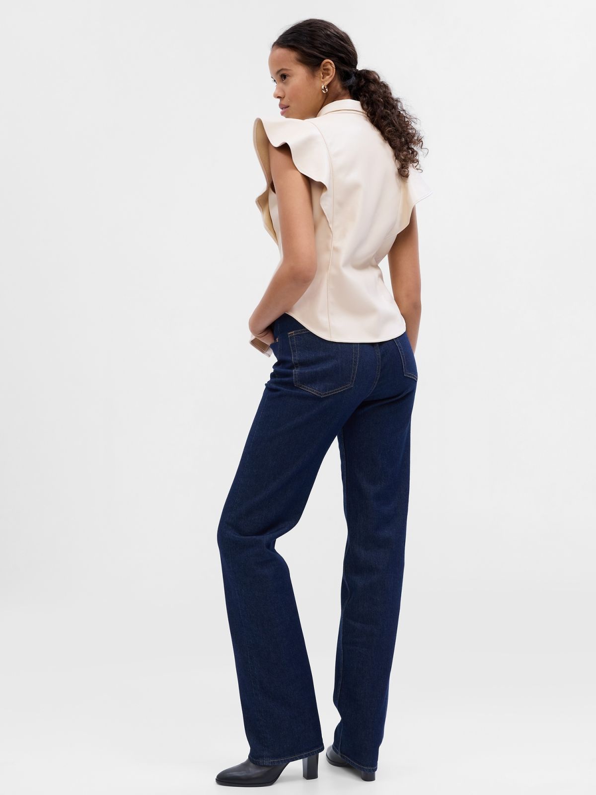 Vegan Leather Flutter Sleeve Shirt-742561001