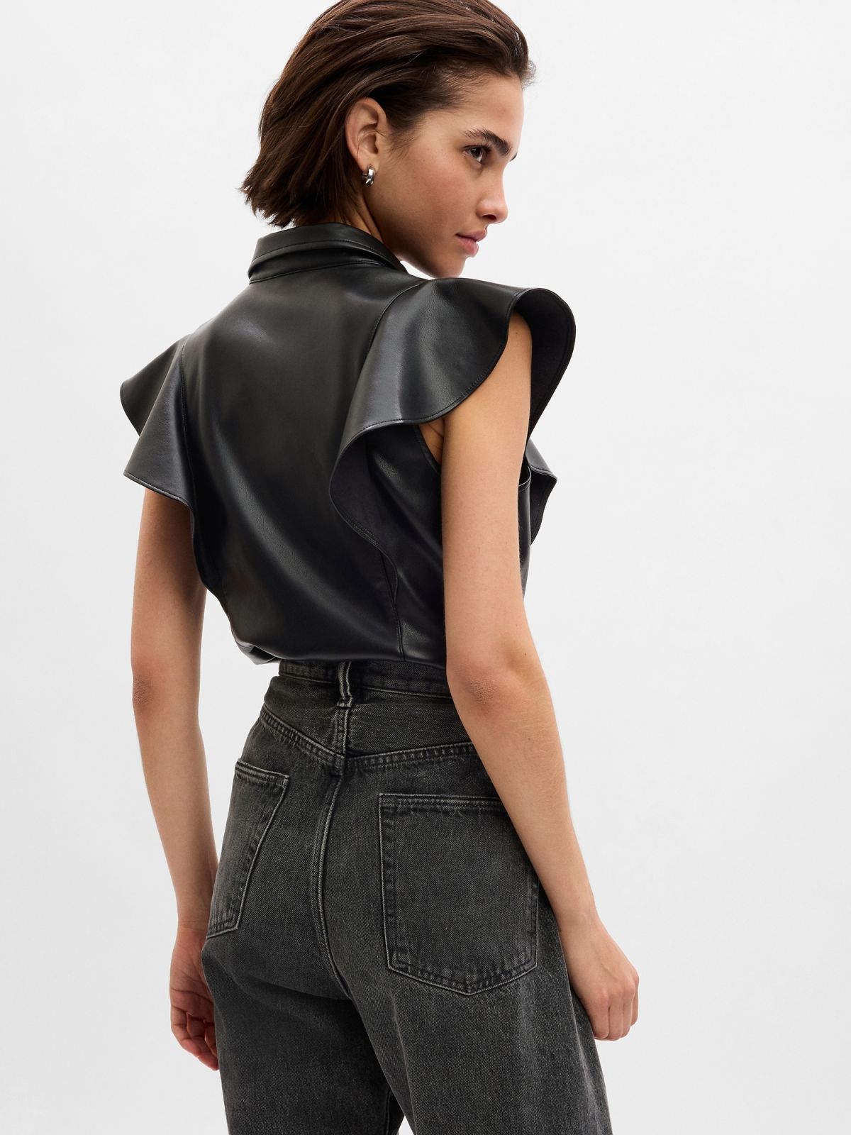 Μαύρο Faux-Leather Flutter Sleeve Πουκάμισο-742561000