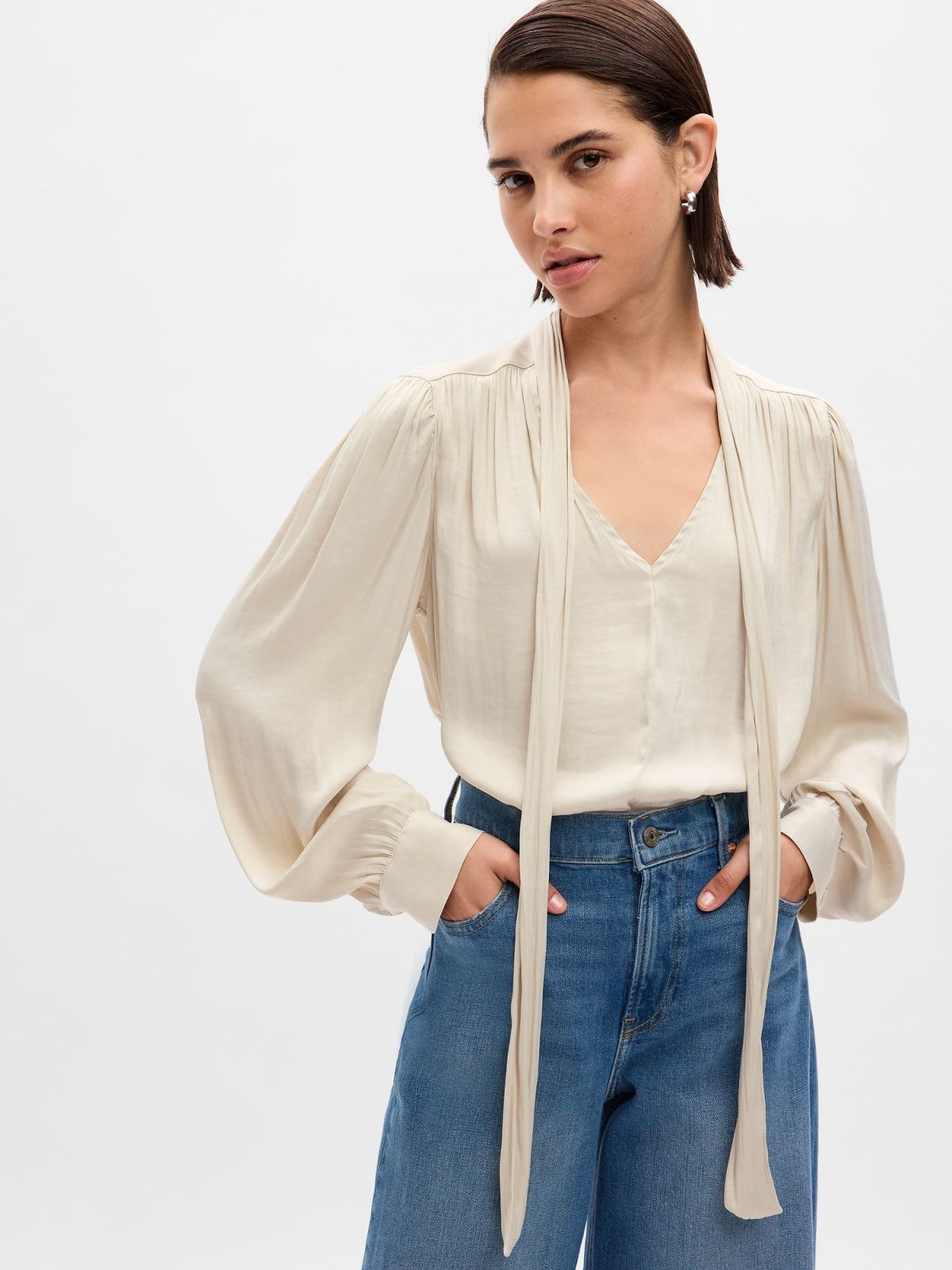 Μπεζ Tie-Neck Μπλούζα-742653002