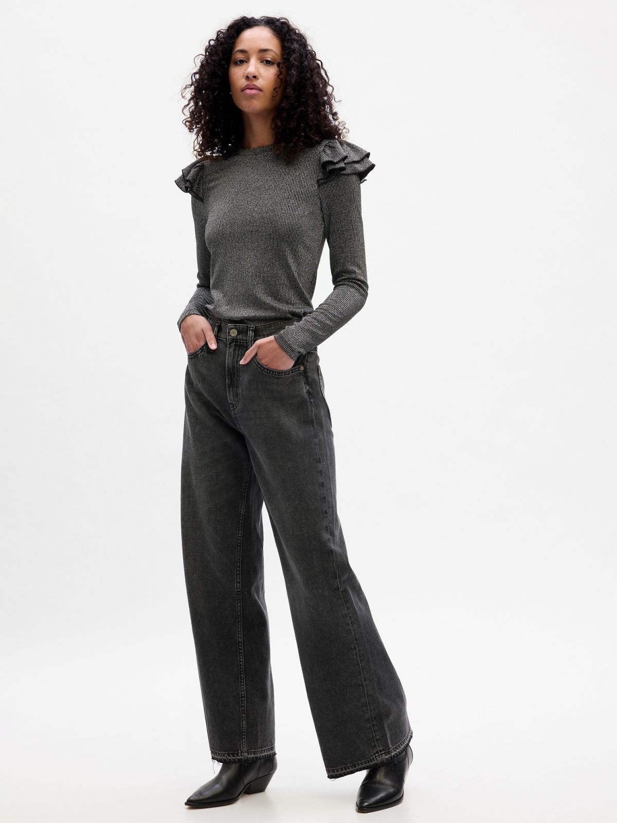 Μαύρη Ribbed Shine Ruffle Μπλούζα-823137000