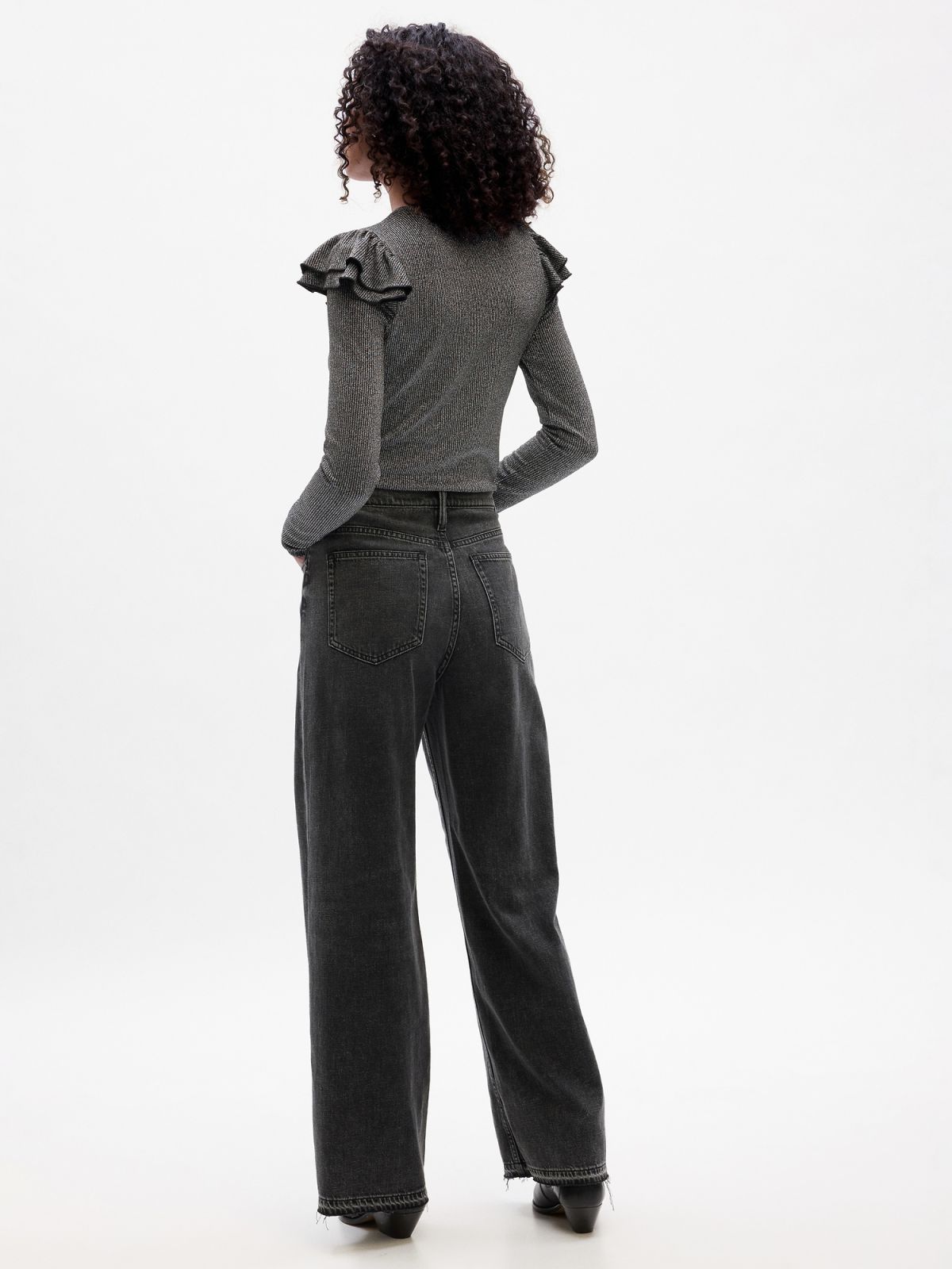 Μαύρη Ribbed Shine Ruffle Μπλούζα-823137000