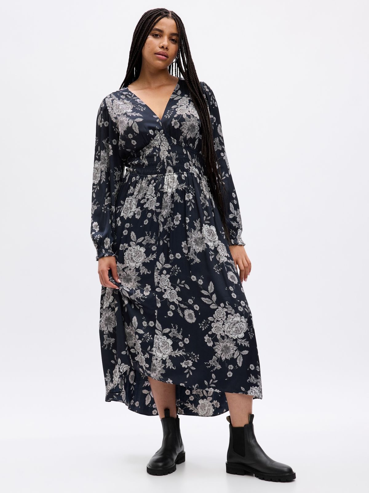 Μπλε Smocked Floral Maxi Φόρεμα-816650001