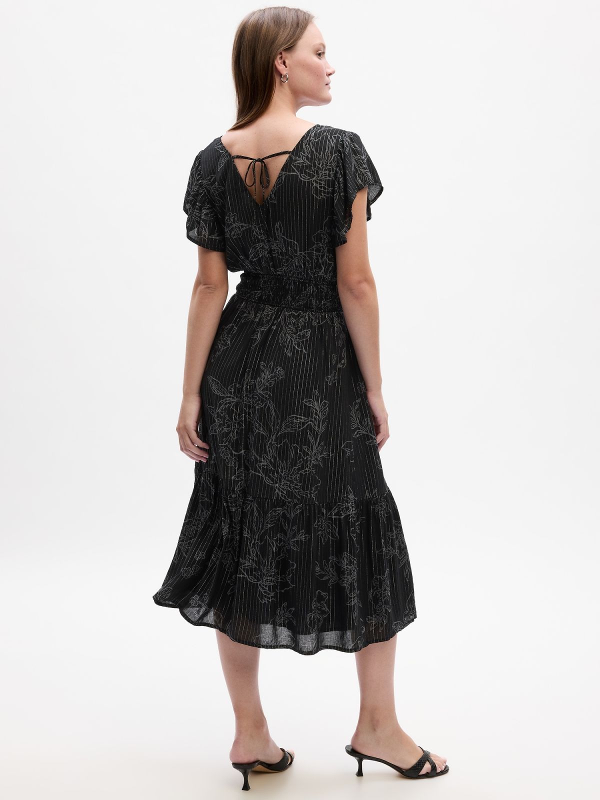 Μαύρο Smocked Print Flutter-Sleeve Midi Φόρεμα-825383000