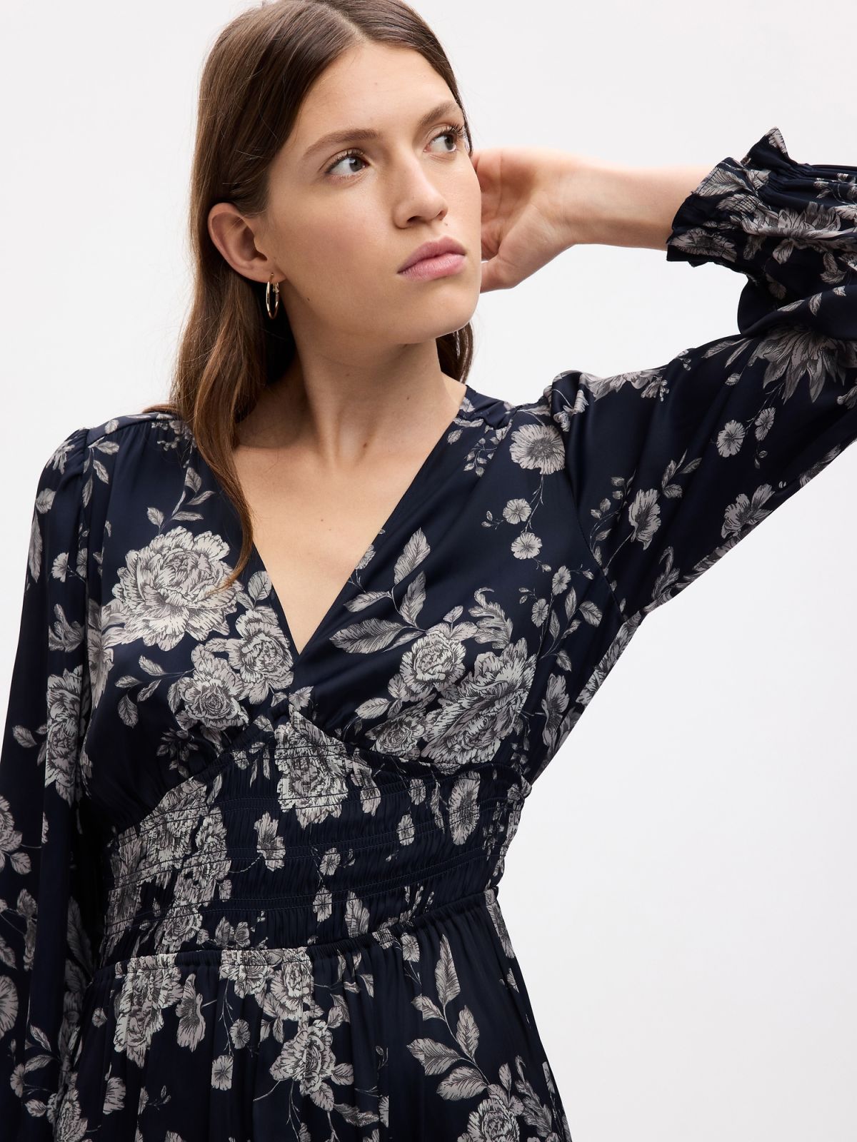 Μπλε Smocked Floral Maxi Φόρεμα-816650001