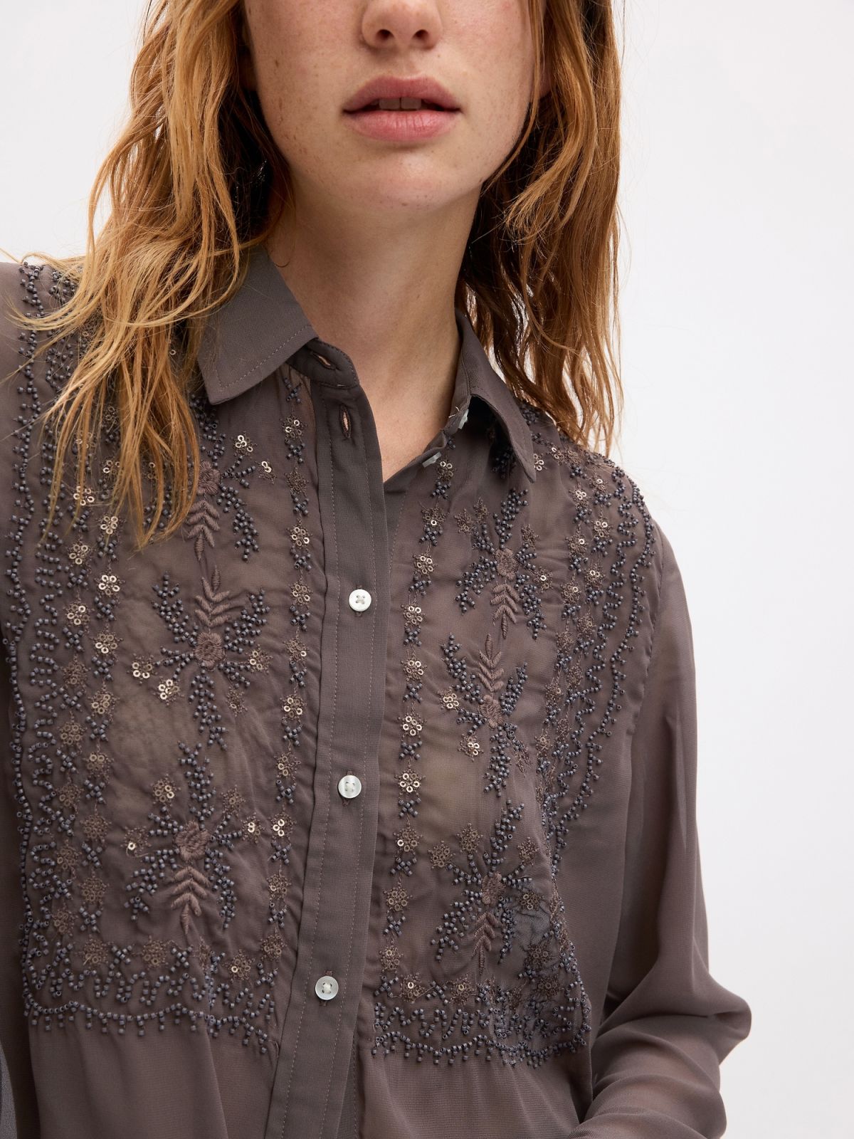 Καφέ Κεντημένο Boyfriend Πουκάμισο-823647001